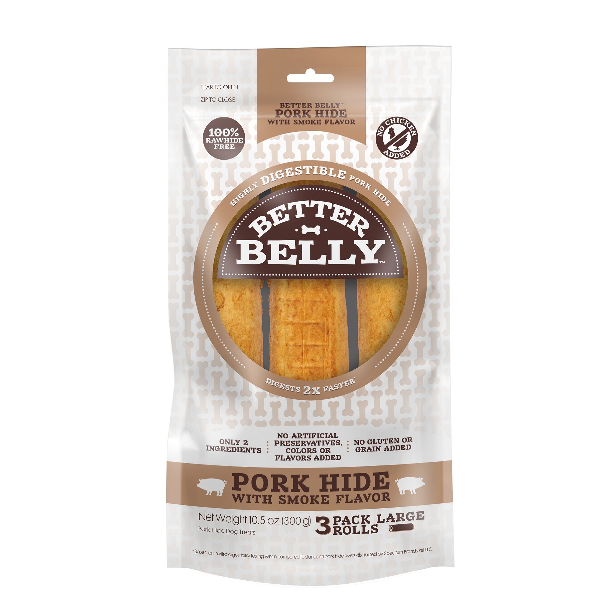Better Belly All Life Stages Highly Digestible Large Pork Hide Rolls Dog Chew - Smoked Pork 10.5 oz