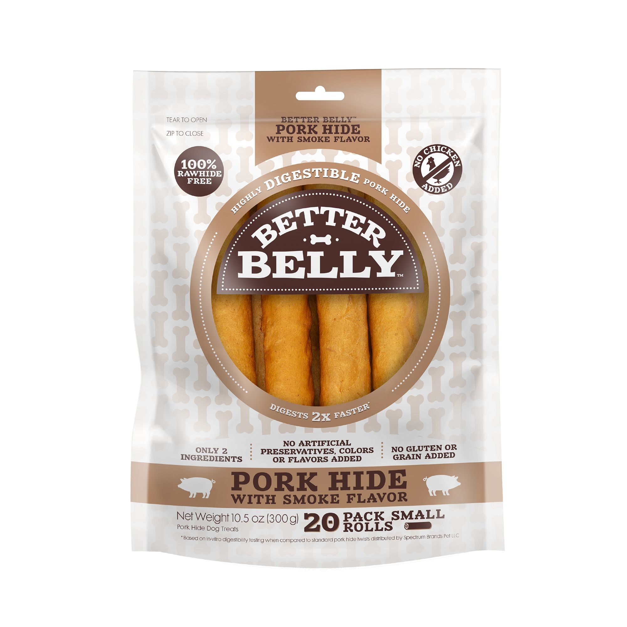 Better Belly All Life Stages Highly Digestible Small Pork Hide Rolls Dog Chew - Smoked Pork 10.5 oz