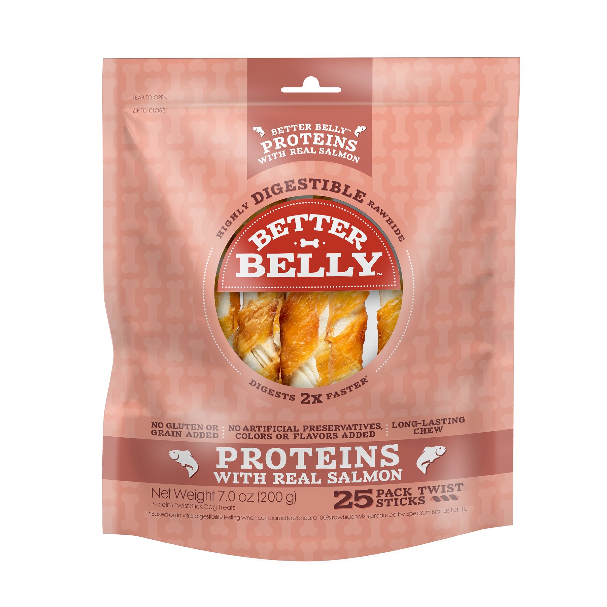 Better Belly Proteins All Life Stages Rawhide Twist Sticks Dog Treats - Real Salmon 7 oz