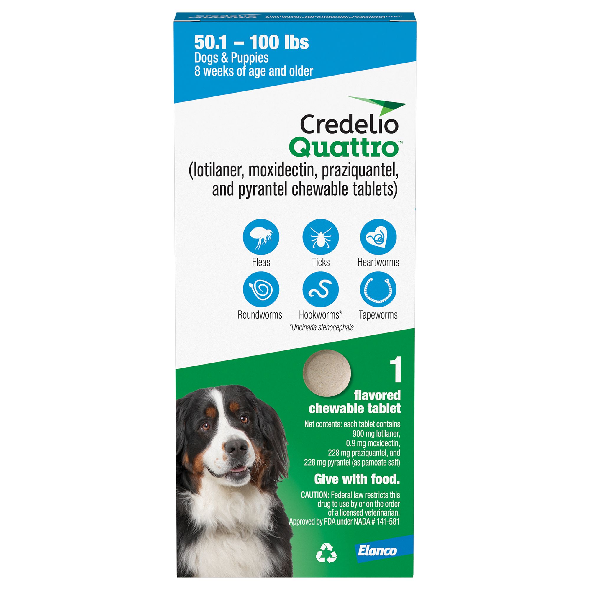 Credelio Quattro Chewable Tablets for Dogs - 50.1-100 lbs, Blue Box