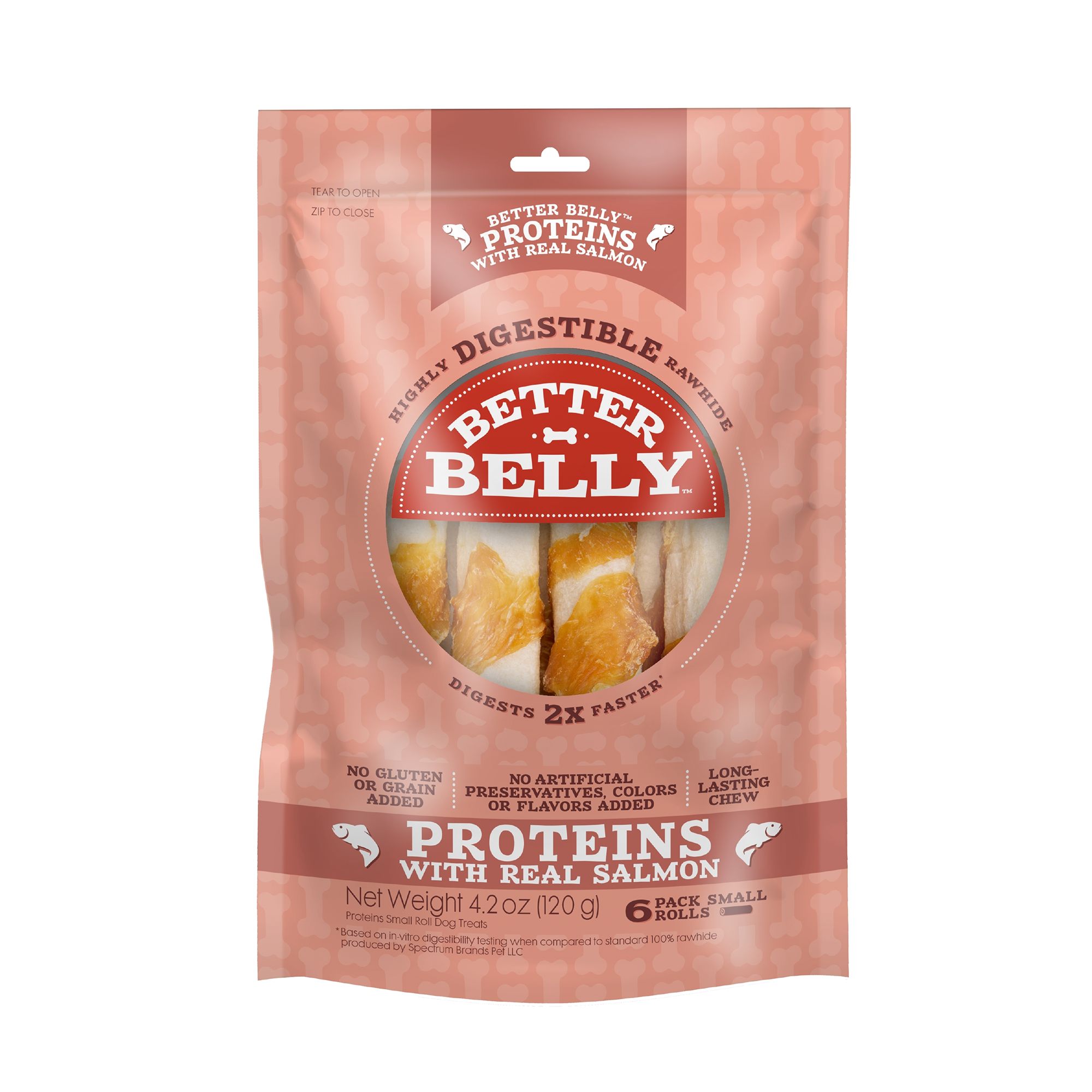 Better Belly Proteins All Life Stages Rawhide Small Dog Treats - Real Salmon 4.2 oz