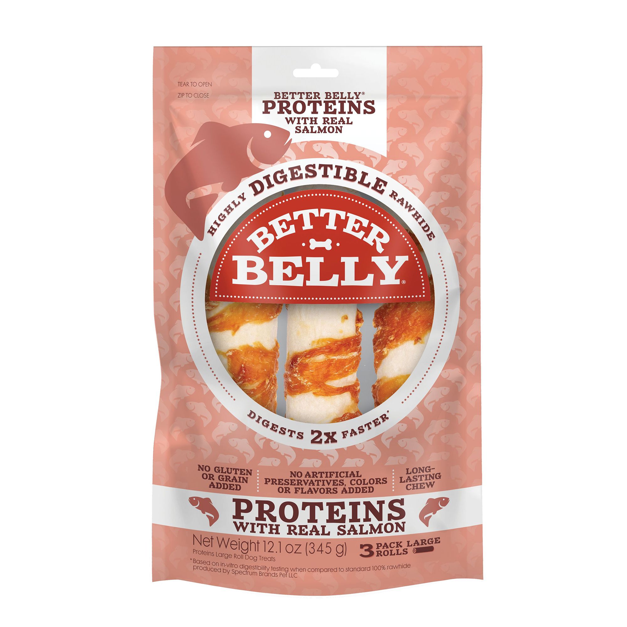 Better Belly All Life Stages Highly Digestible Large Rawhide Dog Chew - Salmon Wrapped 12.1 oz