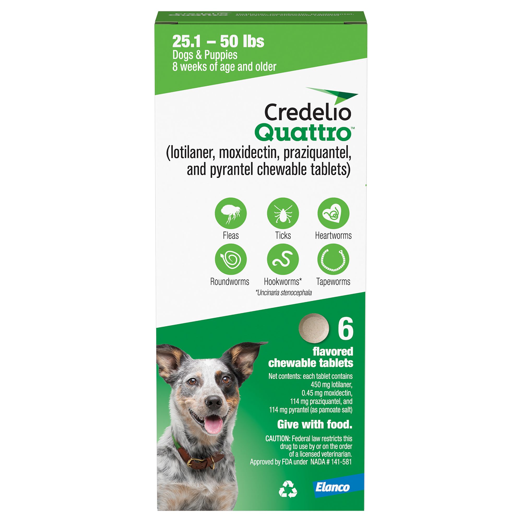 Credelio Quattro Chewable Tablets for Dogs - 25.1-50 lbs, Green Box