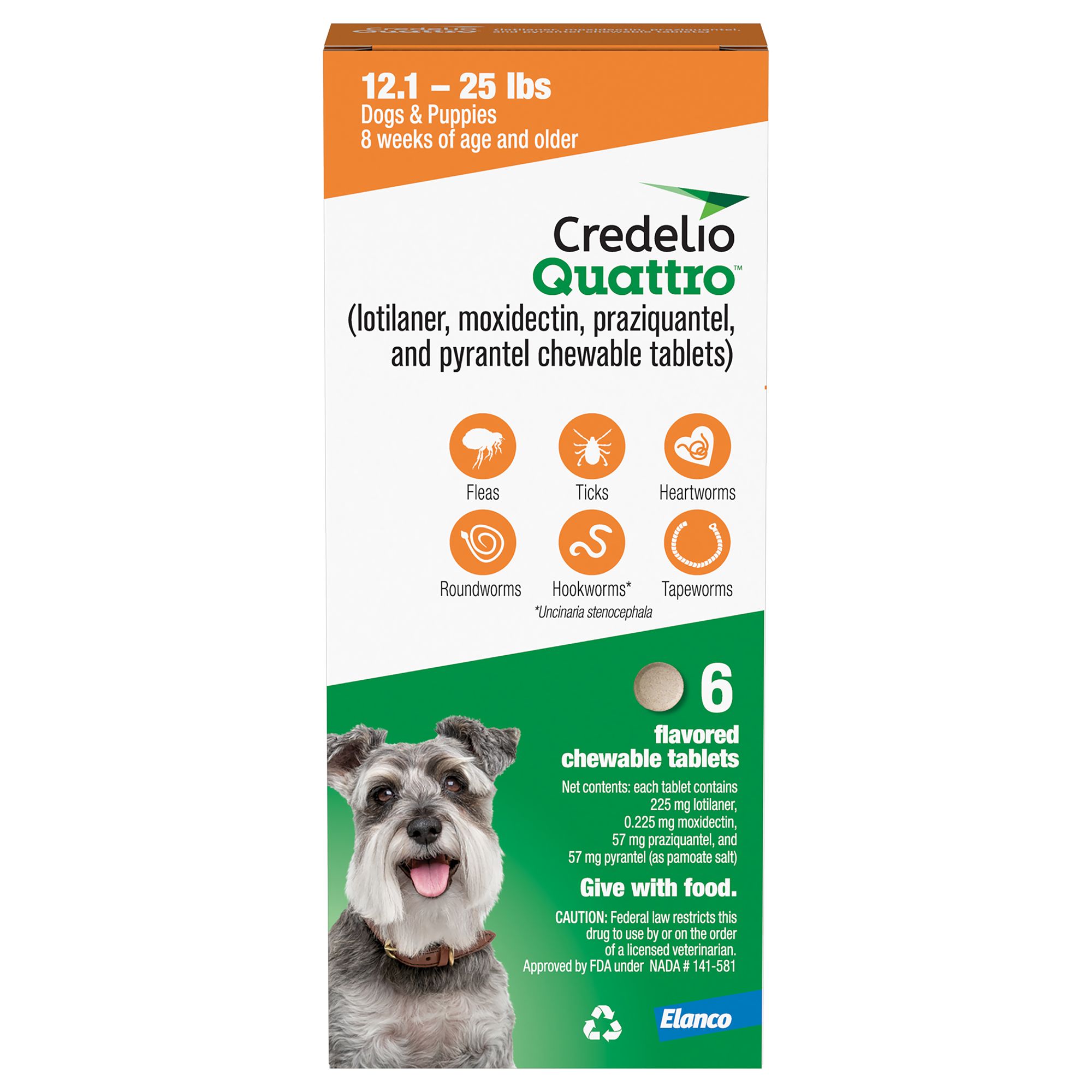 Credelio Quattro Chewable Tablets for Dogs - 12.1-25 lbs, Orange Box