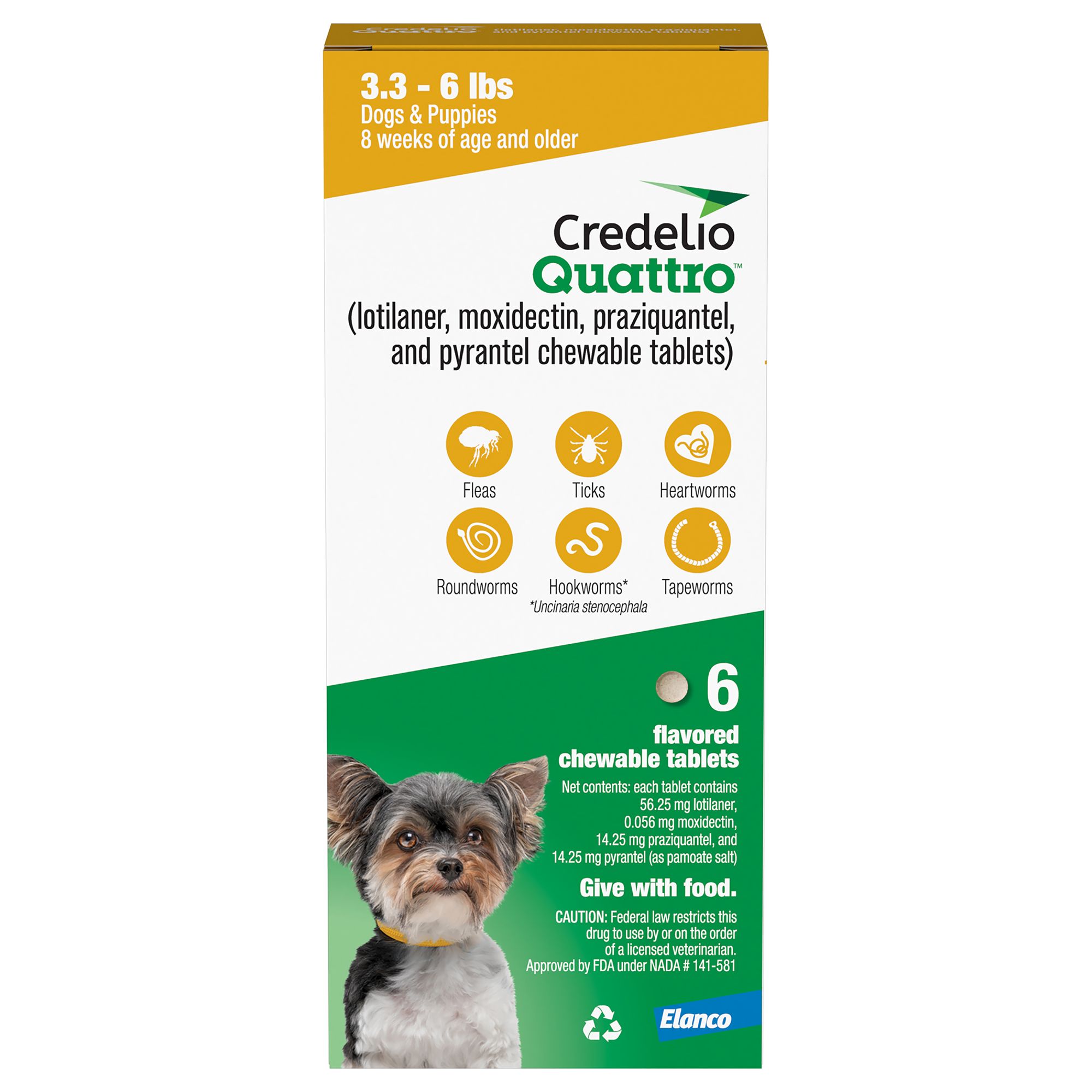 Credelio Quattro Chewable Tablets for Dogs - 3.3-6 lbs, Yellow Box