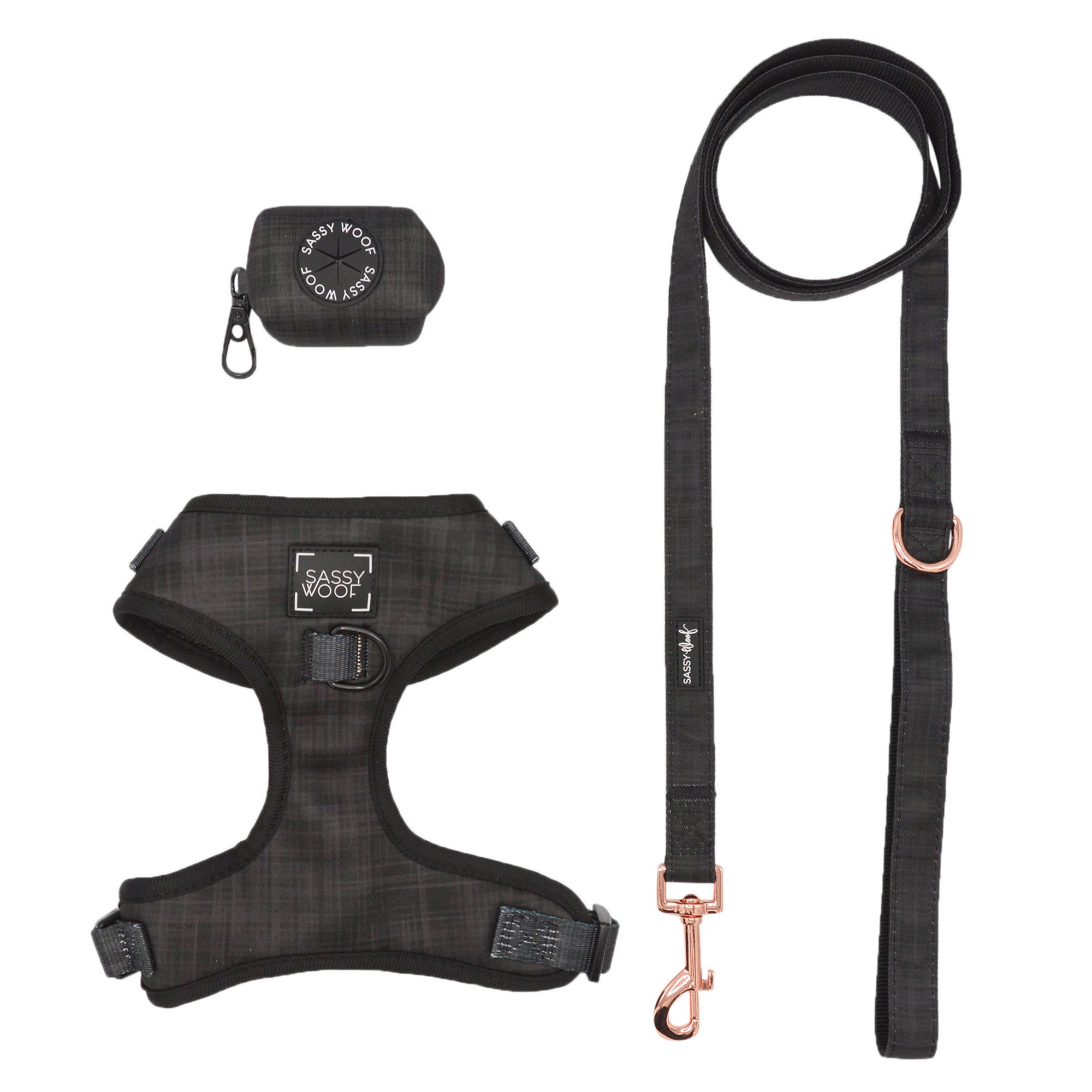 Sassy Woof Baby Got Black Dog Harness, Leash and Waste Bag Holder Bundle