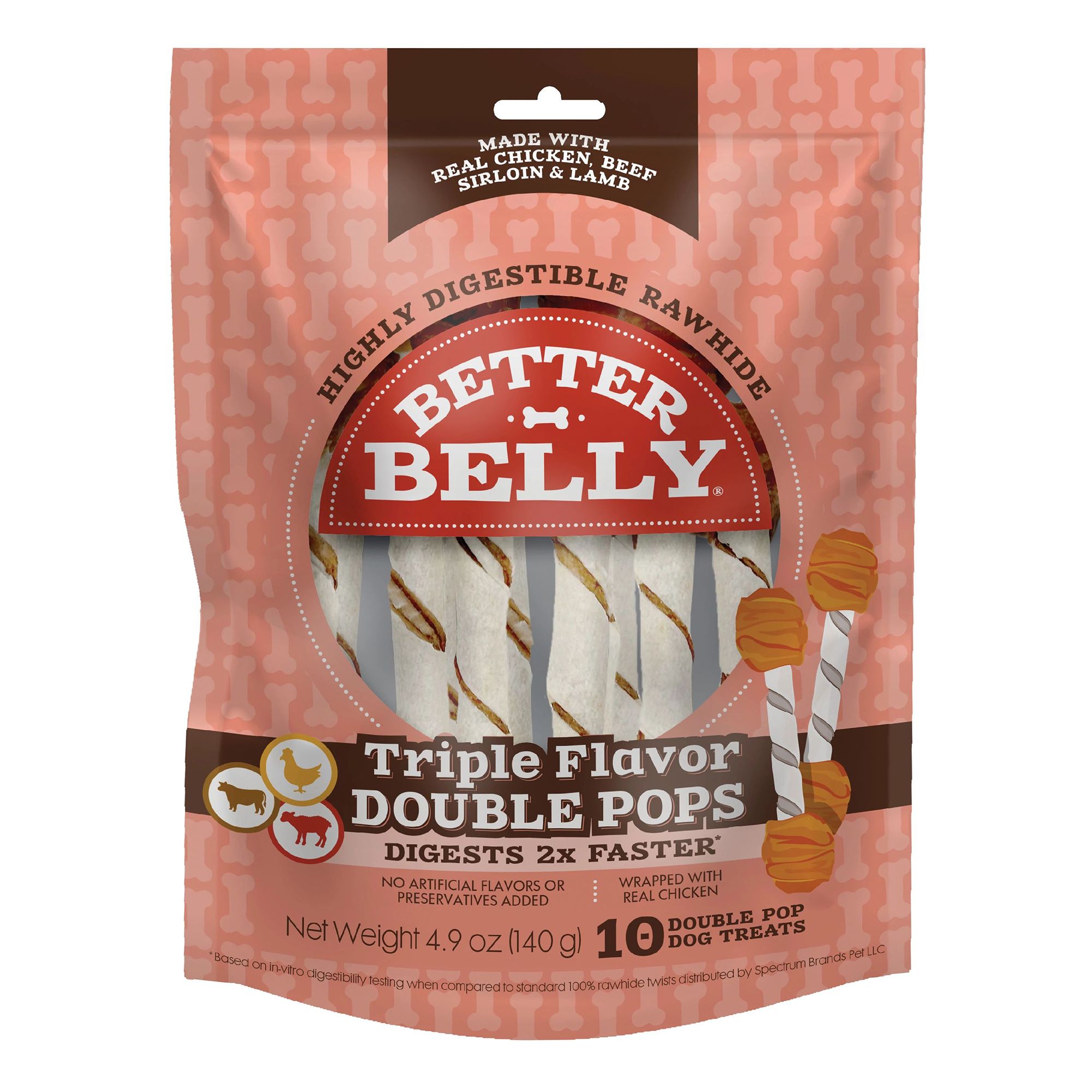 Better Belly All Life Stages Highly Digestible Rawhide Triple Flavor Double Pops Dog Chew - 4.9 oz