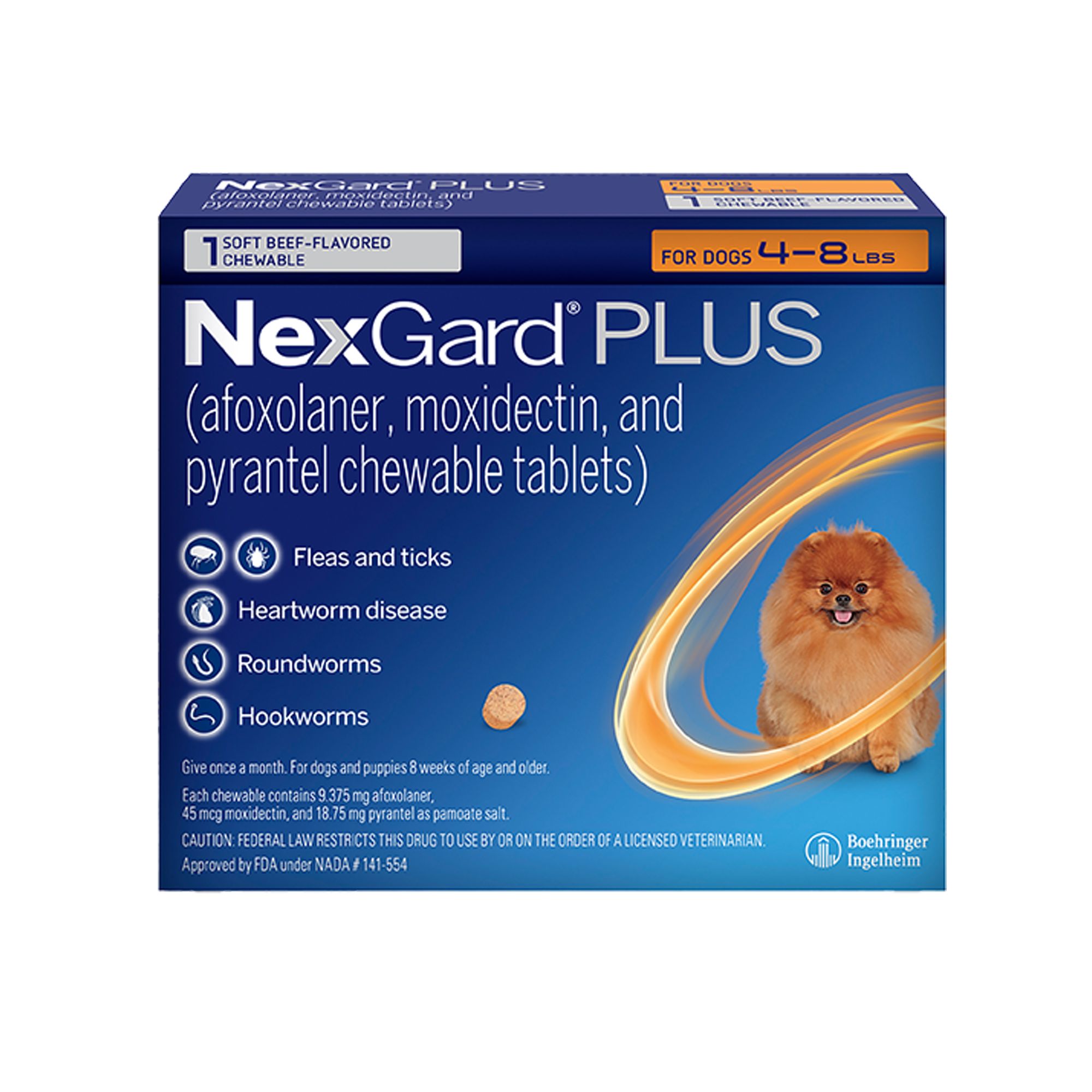 NexGard Plus Chewable Tablets for Dogs - 4-8 lbs, 1M, Orange Box